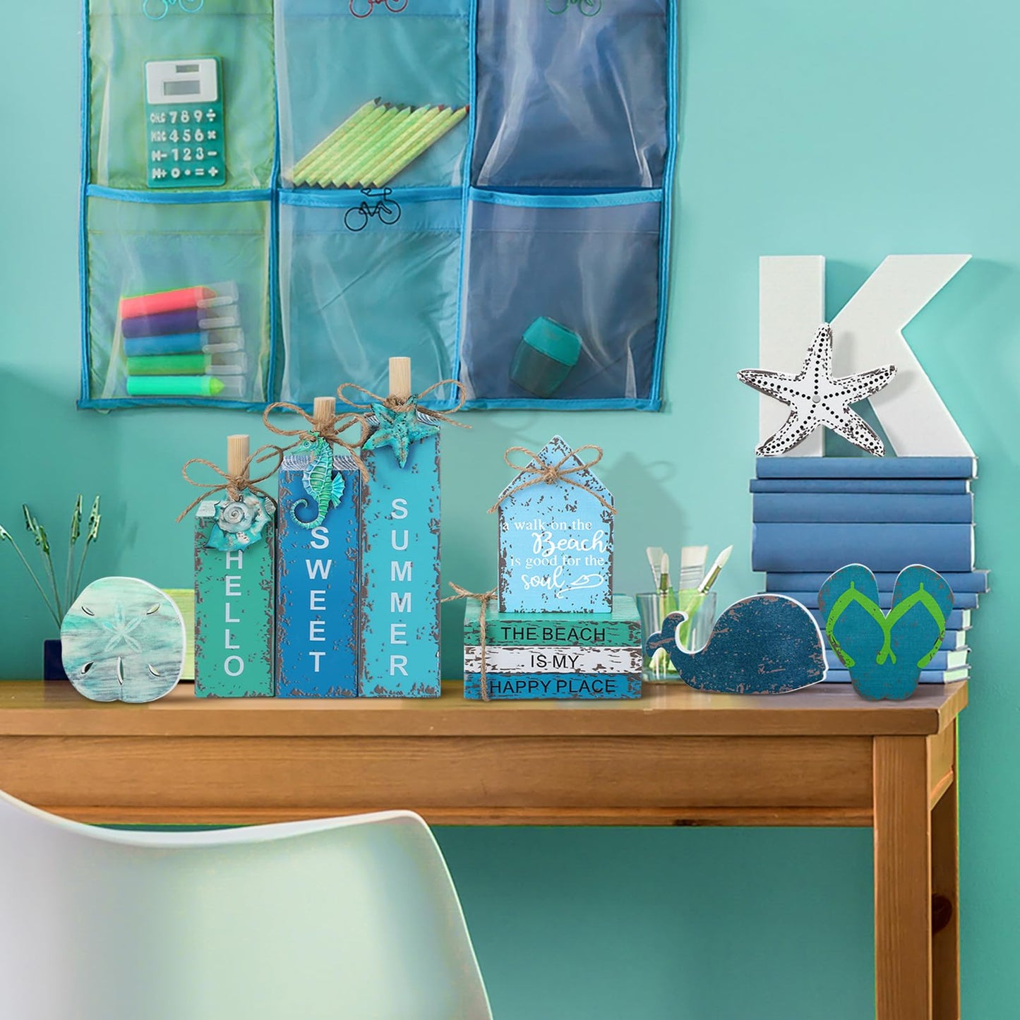 Vercraft 11 Pcs Summer Beach Table Decorations Ocean Tiered Tray Decor Summer Centerpiece Decorative Wood Books Table Top Decor Starfish Wooden Sign for Home Party Supplies (Ocean)