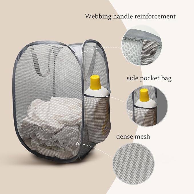The upgraded pop-up laundry basket features a breathable side pocket mesh design