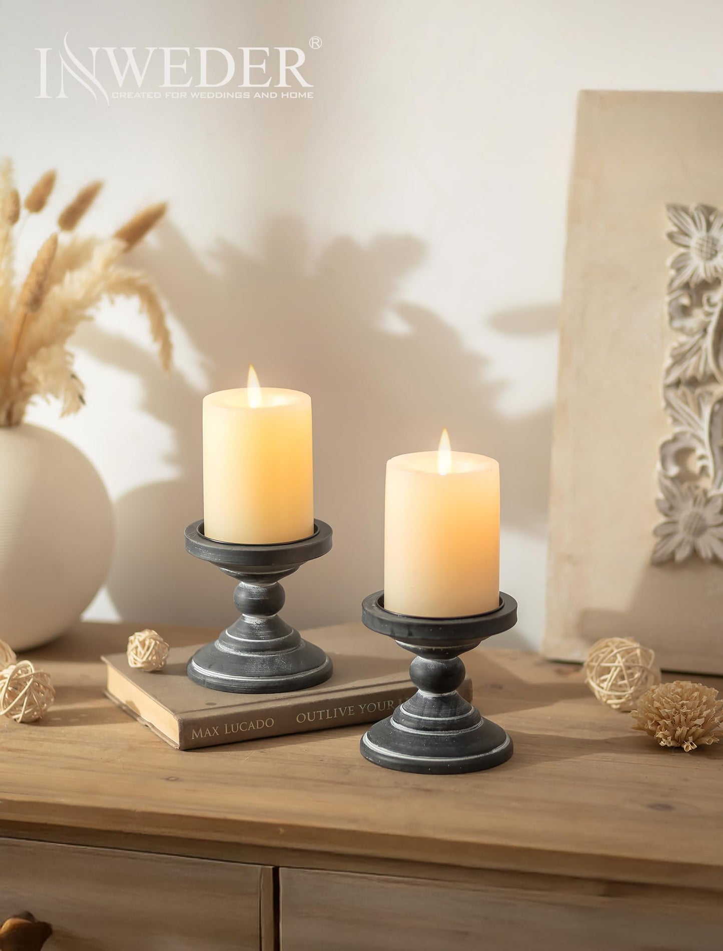 Inweder Wood Pillar Candle Holder: 2Pcs Rustic Black Candle Holders for Pillar Candles Wood Candle Holders Distressed Wooden Farmhouse Candle Holder Large Rustic Candle Holder for Fireplace Table