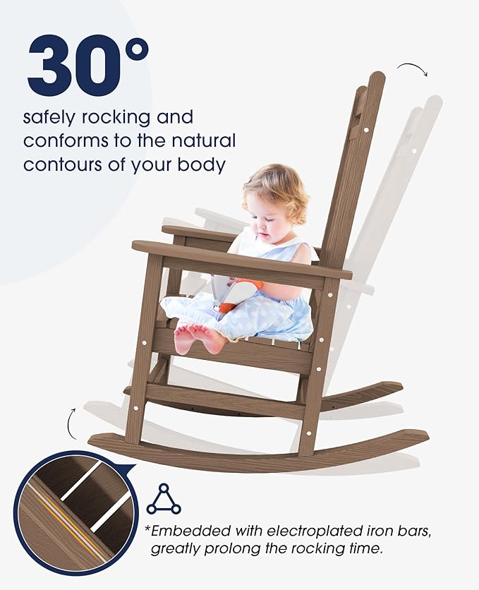 KINGYES Oversized Outdoor Rocking Chair, All-Weather Patio Rocking Chairs for Porch, HDPE Outdoor Patio Rockers with High Back & Wide Seat for Garden, Lawn, Brown