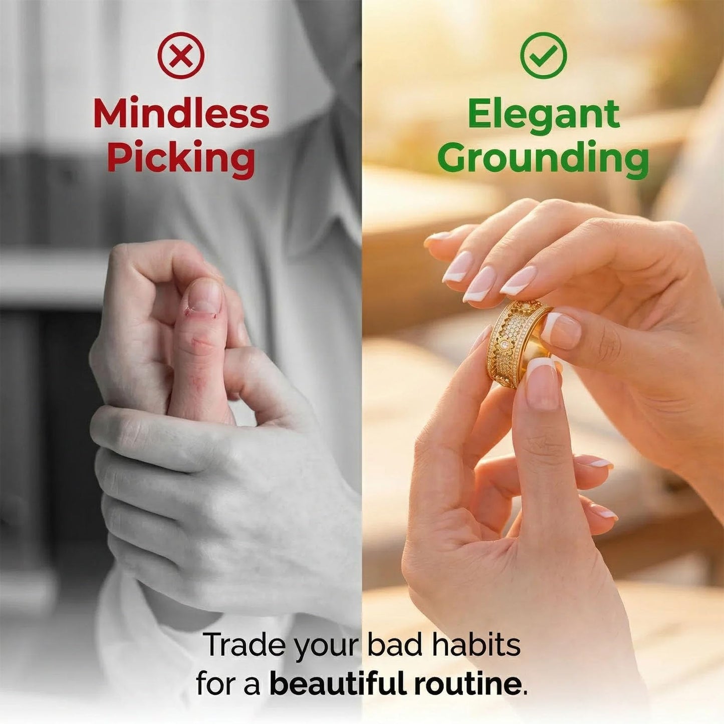 Xarewx Mindfulness Rings for Women, Fidget Ring, Adjustable Anti-Anxiety Fidget Rings, Menopause and Stress Ring, Calm & Everyday Wear (Gold, 12)