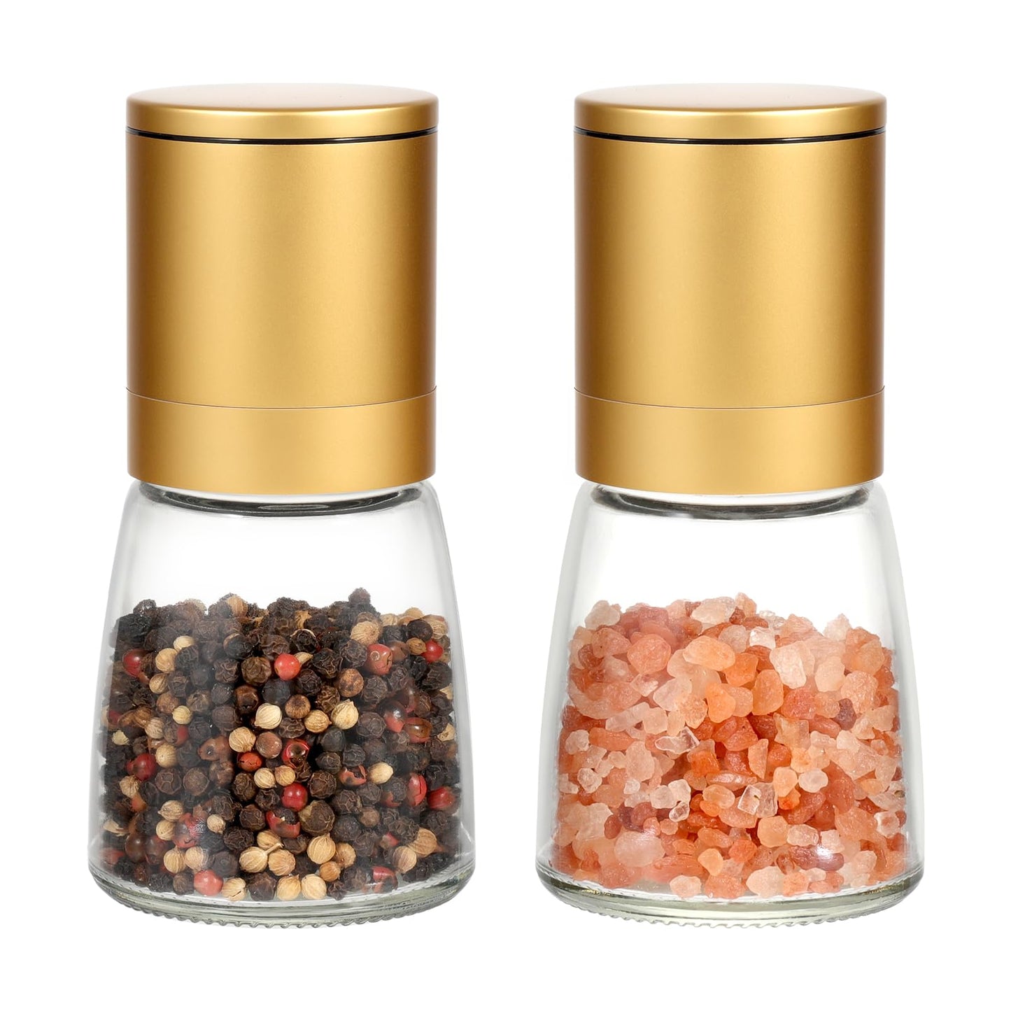 Vucchini Gold Salt and Pepper Grinder Mill - Adjustable Coarseness Ceramic Brass Spice Grinder Shaker - Refillable Glass Pepper Grinders for Home Golden Kitchen Accessories