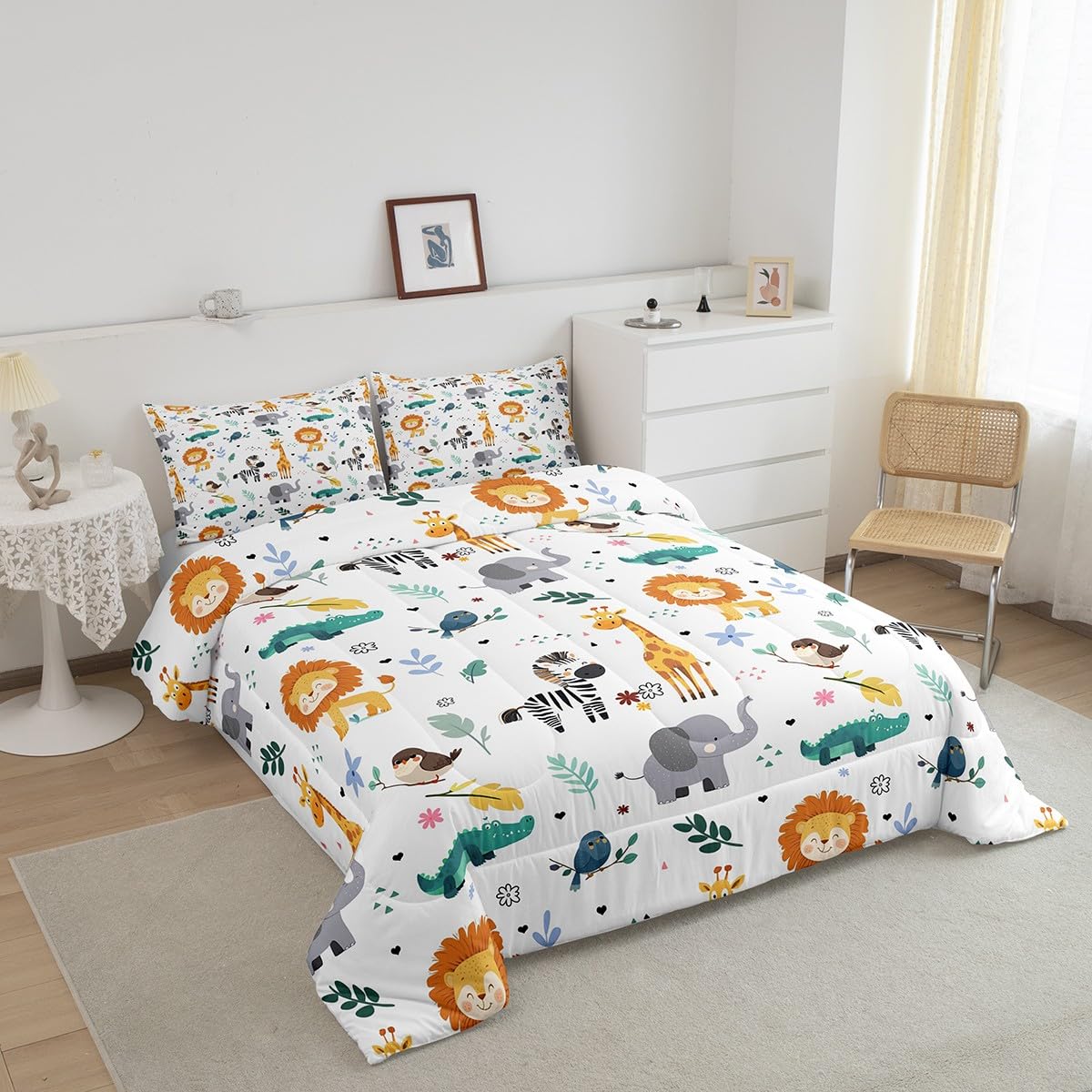 Erosebridal Full Size Zoo Animal Comforter Set, Giraffe Lion Elephant Bedding Set, Cute Wild Animals Down Comforter for Kids Teens Boys Girls Bedroom, Cartoon Safari Wildlife Quilt,Lightweight