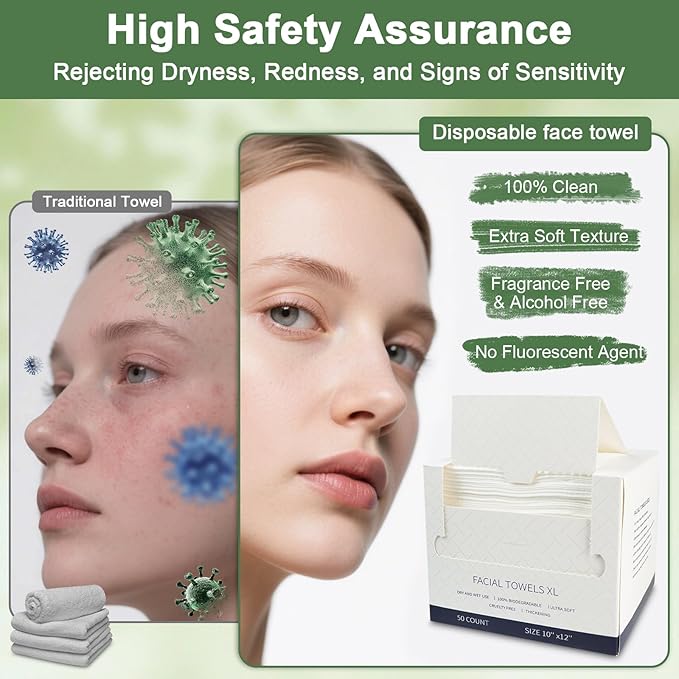 Face Towels Disposable, 12” x 10” Biobased Facial Towelettes, Large Soft &