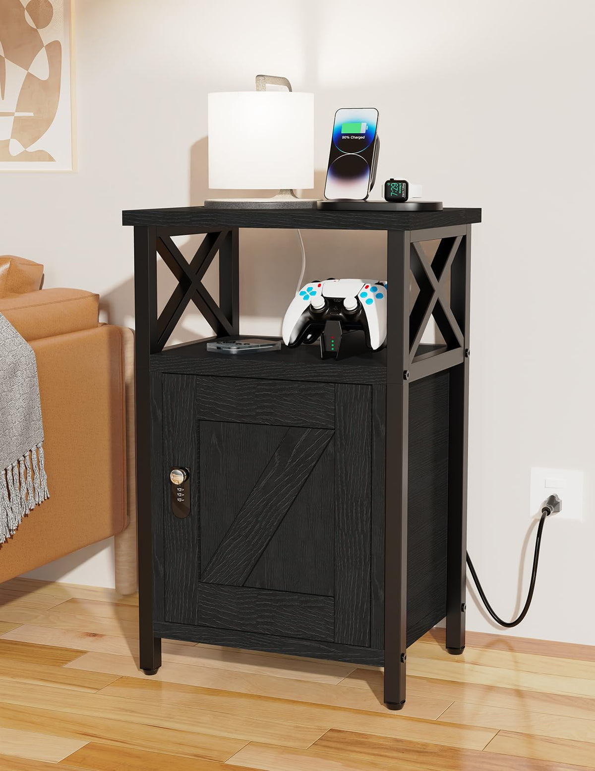 runjuly Wooden Nightstand with Charging Station, Bed Side Table with Drawers, Bedside Table with Lock, 3 USB & 2 Outlets, Night Stand with Cabinet Storage, End Table for Bedroom, Black
