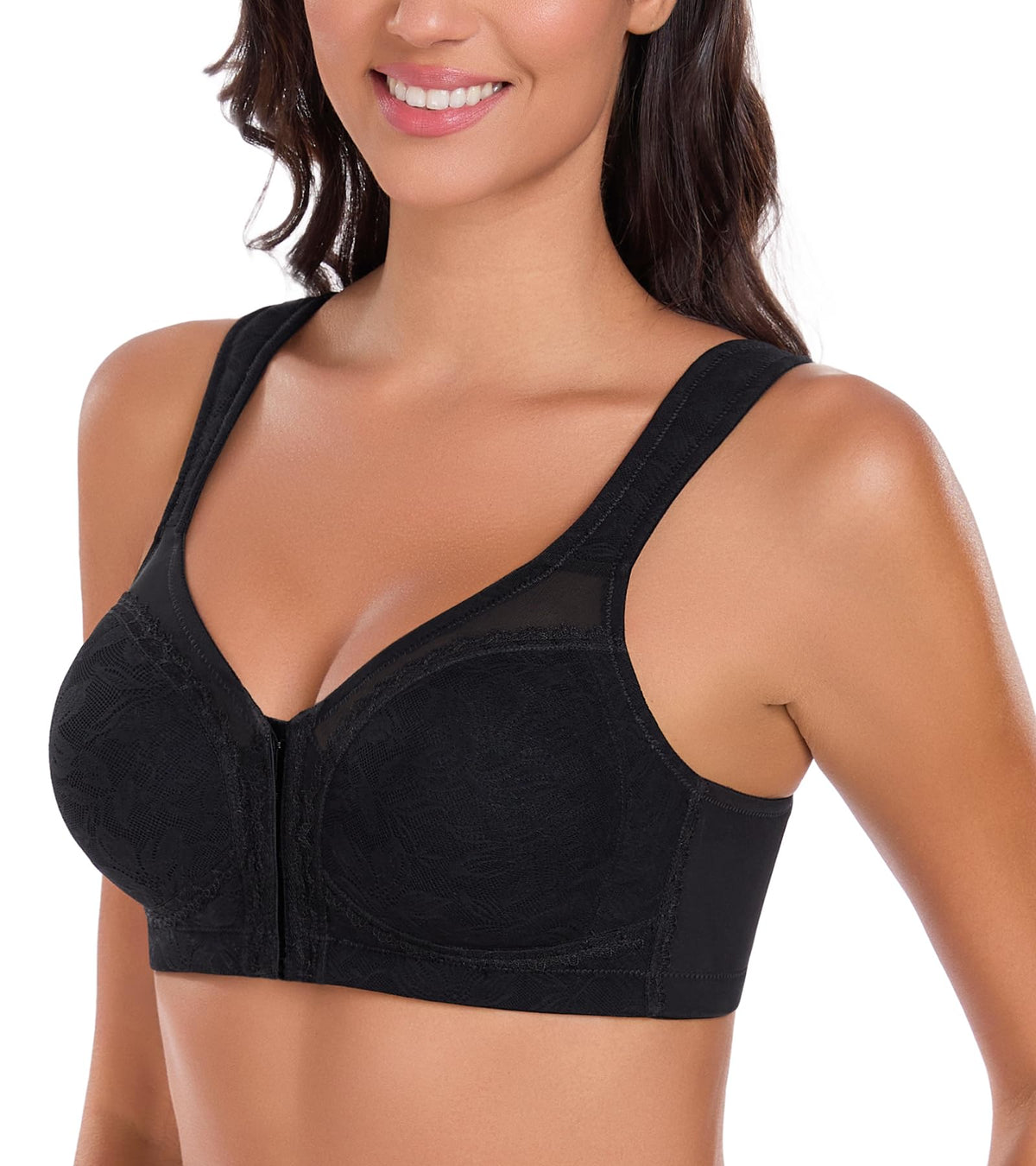 Lemorosy Women's Full Coverage Plus Size Front Closure Posture Back Non-Padded Wireless Support Minimizer Bra (38G, Black)