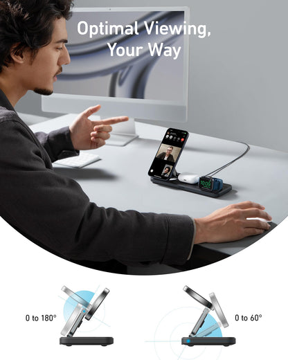 Anker iPhone 16 Foldable 3-in-1 Wireless Charging Station, Qi2 Certified 15W Ultra-Fast MagSafe-Compatible Wireless Charger, for iPhone 15/14 Series, AirPods, Apple Watch (USB-C Charger Included)