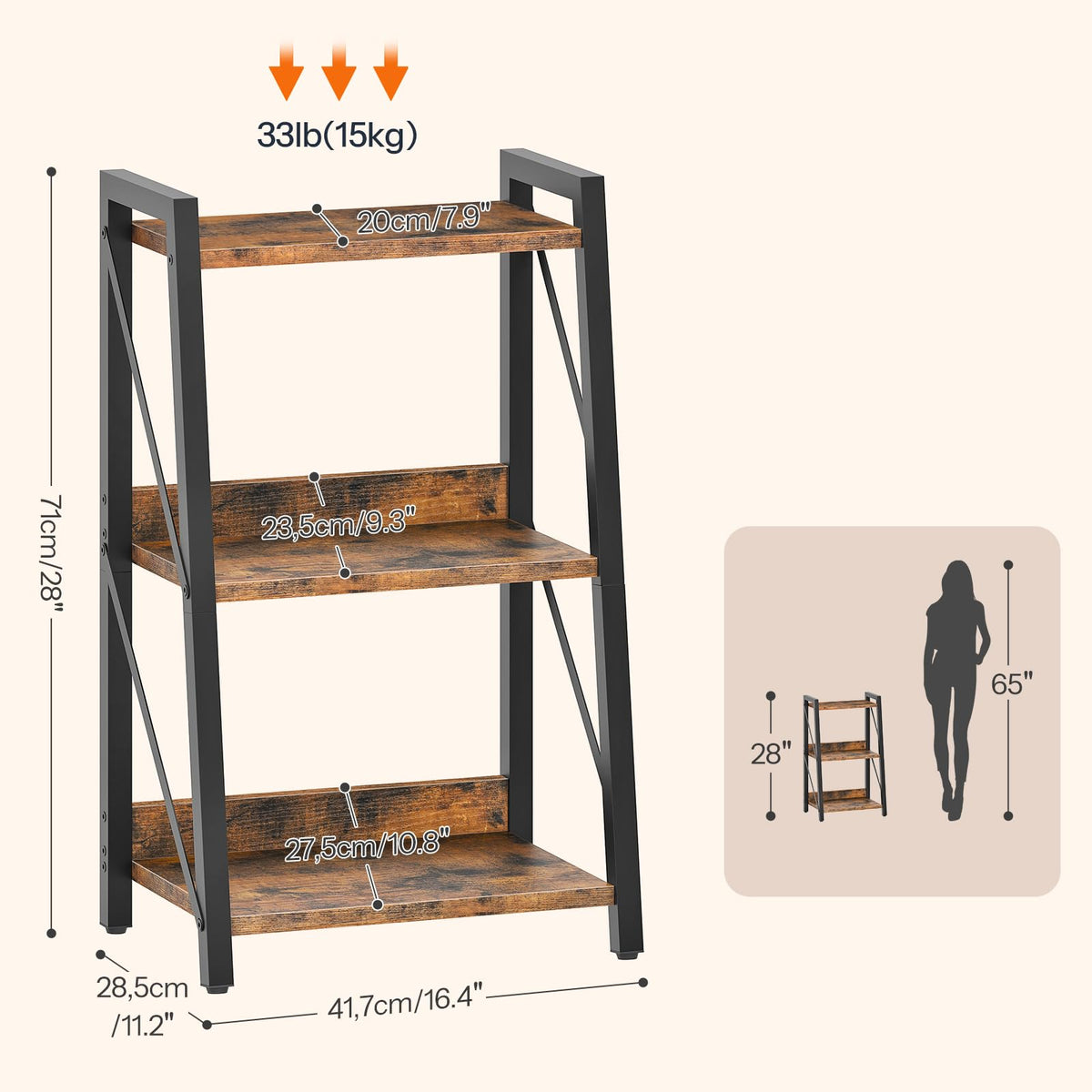 HOOBRO Ladder Shelf, 3-Tier Bookshelf, Corner Bookcase, Small Bookshelf with Metal Frame, for Living Room, Bedroom, Home Office, Kitchen, Rustic Brown and Black BF303CJ01