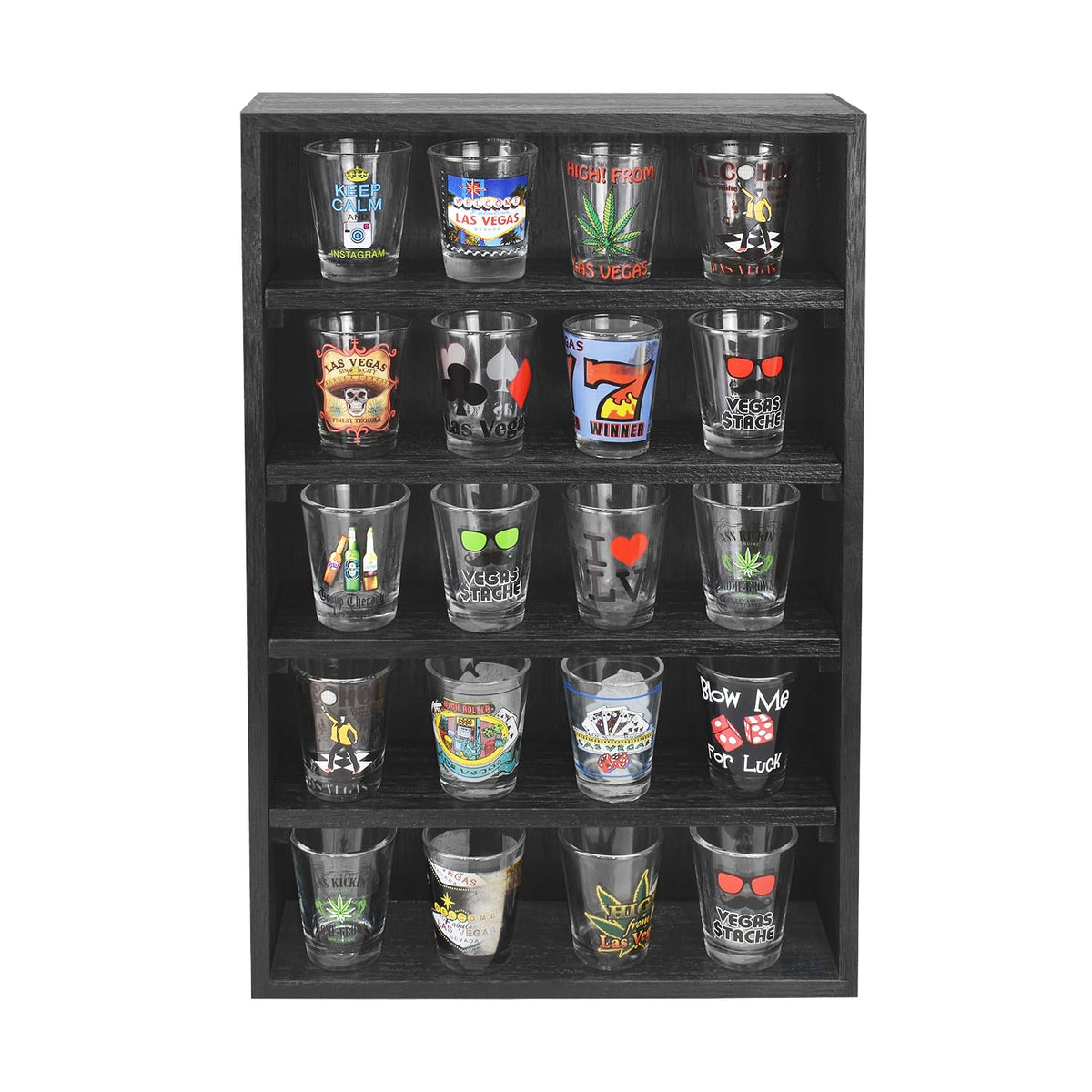 Ikee Design Wooden Wall-Mounted Display Shelves Rack for Collectibles, Figures,Shot Glasses,Spice Can,Cosmetics or Perfume, 5 Adjustable Height Shelves,Space-Saving, Black Color
