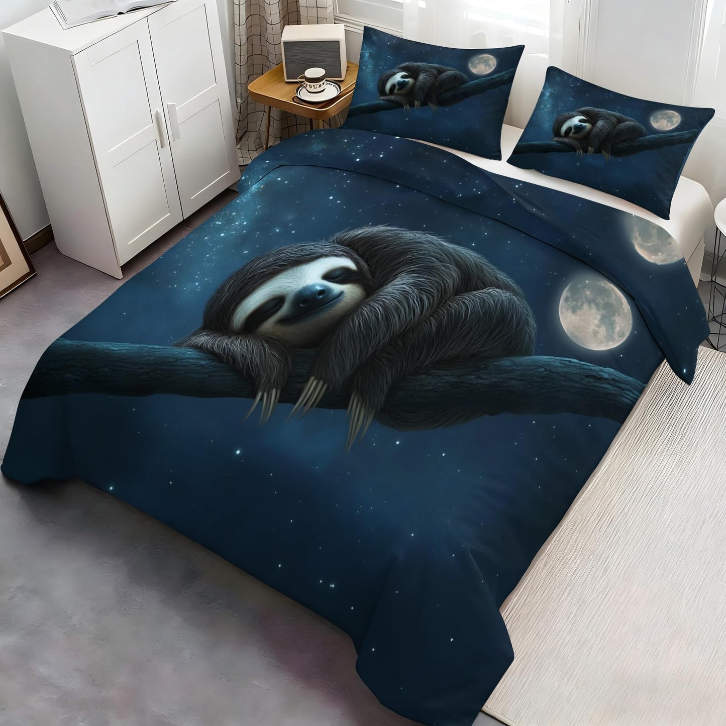 Twin Size Duvet Cover Sloth Print Duvet Cover Starry Sky Comforter Cover Animal Bedding Kids Room Bedding Decor (Reversible Printing)