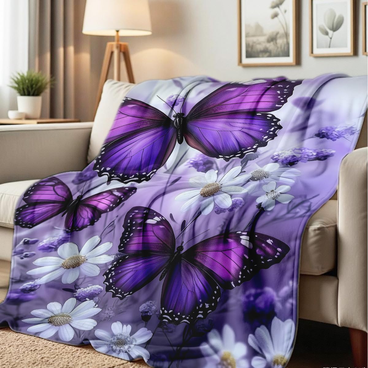 HUNXIAOJ Printed Bed Blanket Purple Butterfly Throws Soft Flannel Blanket Butterfly Gifts for Adults Kids Couch Butterflies Decor for Sofa Bed Office (49"x59")