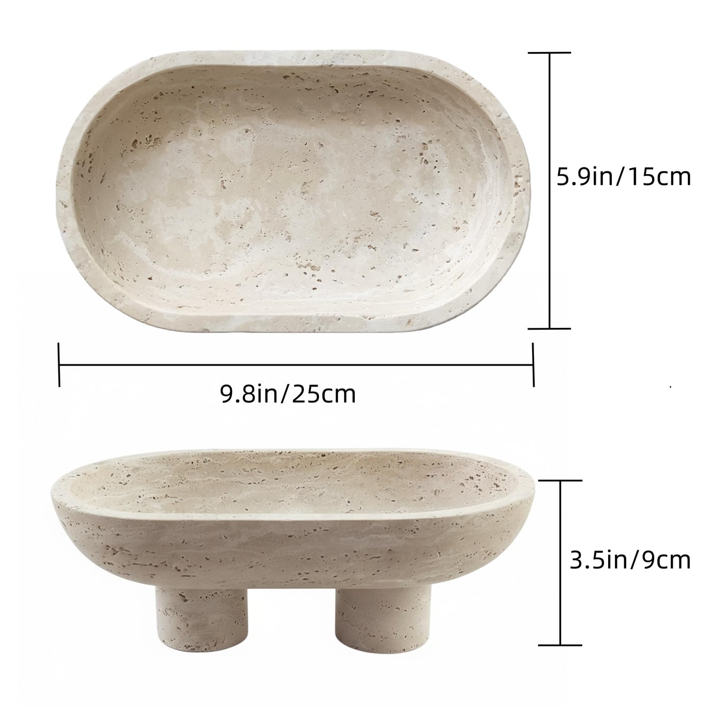 GEOONA Natural Travertine Fruit Bowl, Multi-Functional Oval Stone Tray with Two Elevated Legs, Decorative Organizer for Fruit, Jewelry, Keys in Kitchen, Living Room, Entryway