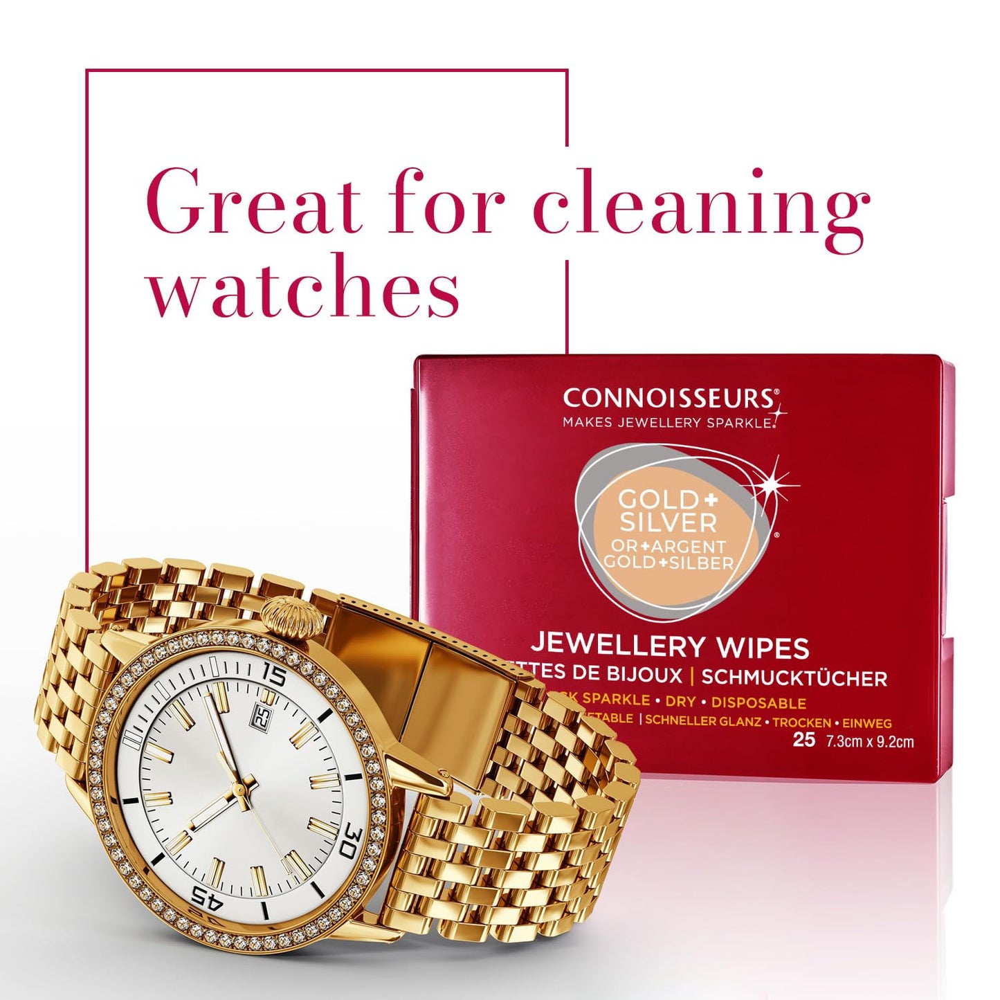 Connoisseurs Jewellery Wipes | 25 Jewellery Cleaning Wipes for Gold & Silver Jewelery | Anti-Tarnish Protective Shield | Dry, Disposable