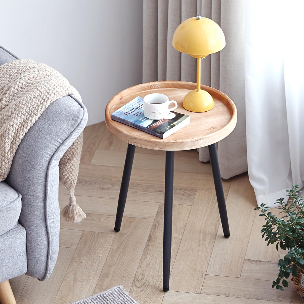 LITA Log Desktop Round Side End Table, Indoor Outdoor Wooden Tray Nightstand Table with Metal Stand for Living Room Bedroom Office Small Spaces (M)