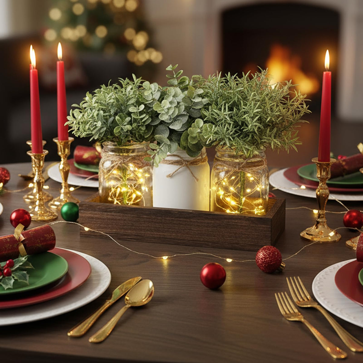 Mkono Mason Jar Lights Table Centerpiece for Dining Room Fake Eucalyptus Plants Christmas Table Decor for Kitchen Coffee Table Living Room Bathroom