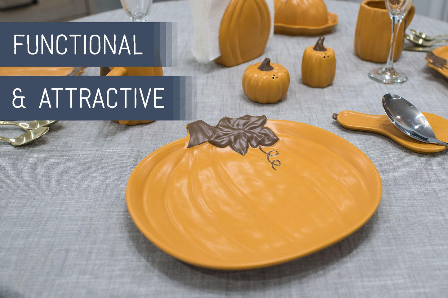 Nat & Jules Pumpkin Shaped 11 x 10.5 Inch Ceramic Large Serving Platter: Perfect for Thanksgiving, Halloween and Indoor Fall Table Décor & Centerpieces, Orange