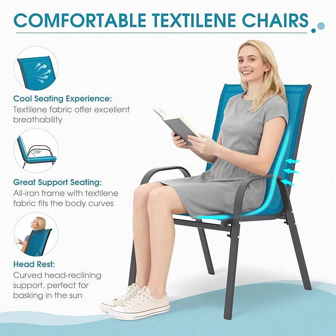 Outdoor Stackable Chairs Set of 4, Stacking Patio Chairs with Textilene Fabric, Outside Furniture for Garden Backyard Balconie Poolside Deck, Blue