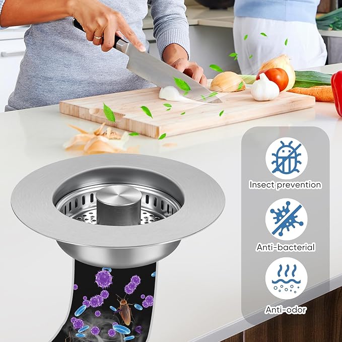 Upgraded 3 in 1 Kitchen Sink Drain Strainer & Sink Stopper, 304 Stainless Steel
