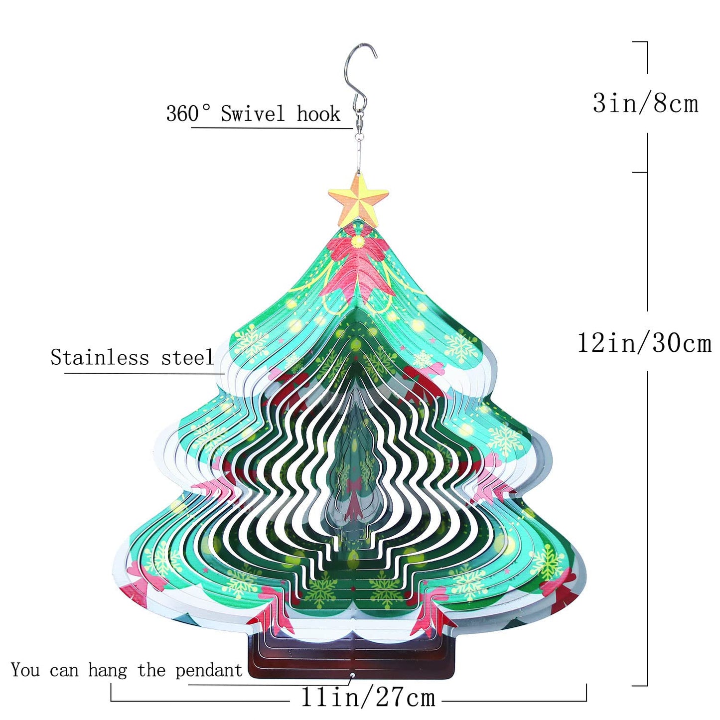 Christmas 3D Wind Spinners Ornament, 12in Large Stainless Steel Outdoor Christma Tree for Winter Indoor Garden Yard Crafts Ornaments Decoration(Chrismas Tree)