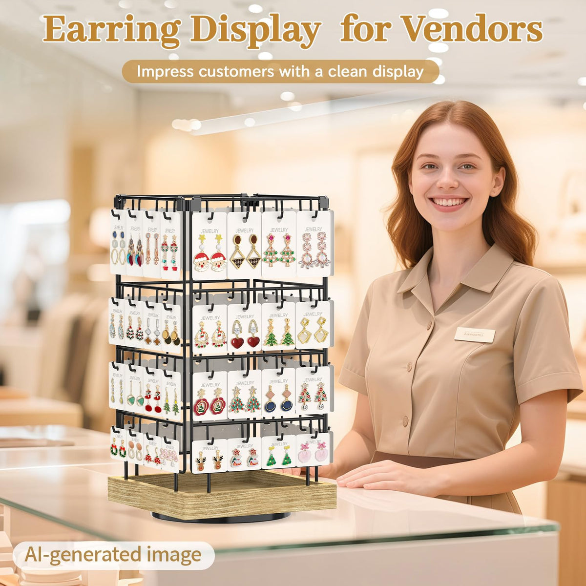 MODOWEY Earring Card Display Stand for Vendors, 64 Hooks Rotating Organizer Tree Holder, 4 Tier Jewelry Rack with Wooden Base for Stud Pierced Earring Selling, Grab Attention to Boost Sales, Oak