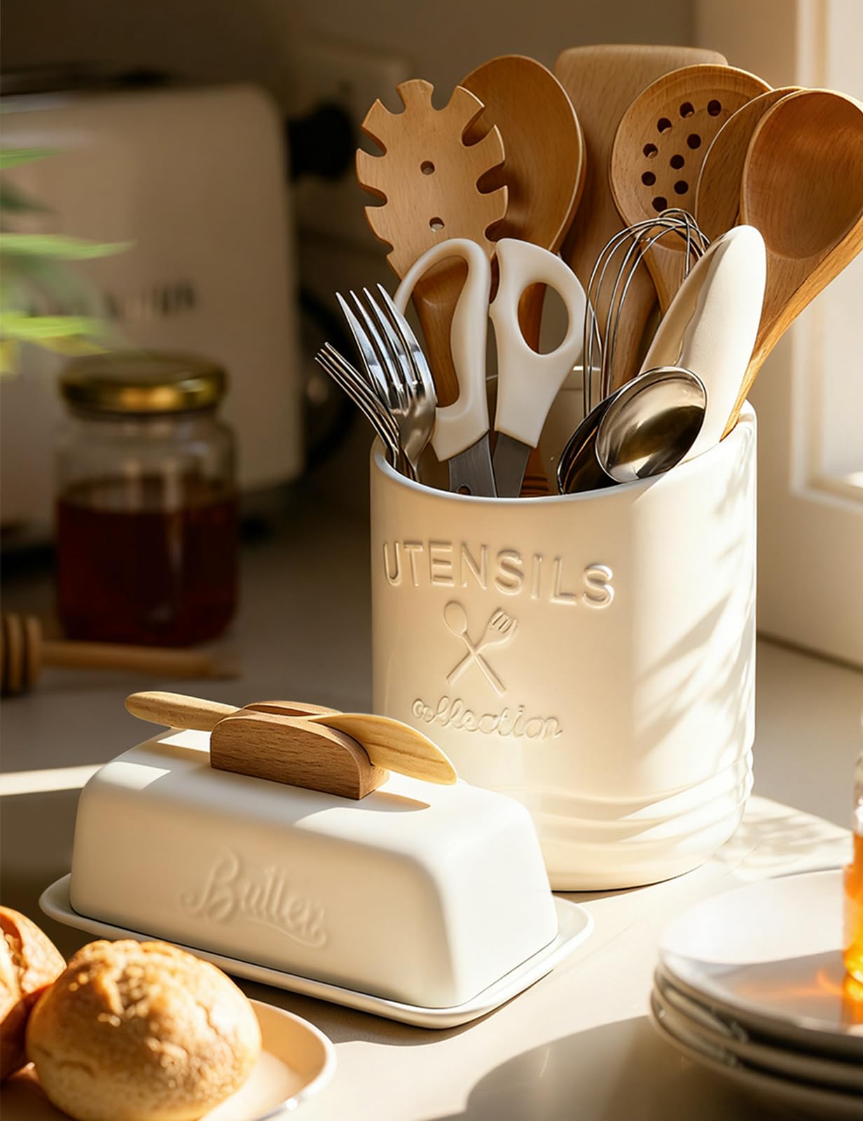 Butter Dish with Lid and Knife Ceramic Butter Holder for Counter Humanized Clamp-able Knife Handle Design, Perfect for East West Coast Butter, White