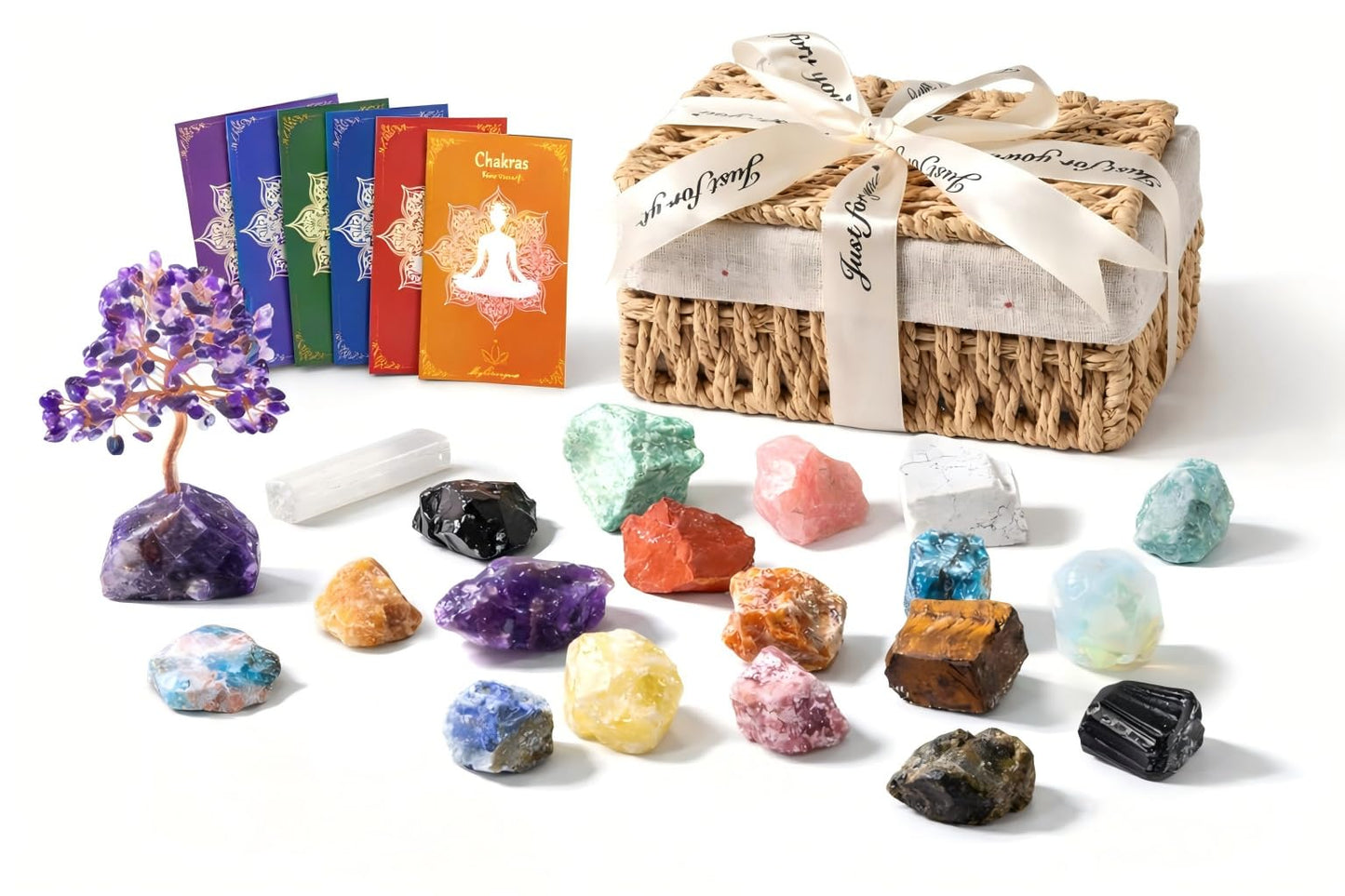MYDAYS&DESIGN 18Pcs Crystals and Healing Stones Set in Rattan Box, 17 Premium Raw Chakra Stones, 1 Amethyst Tree, Guide for Beginners, Meditation Yoga Home Decor, Healing Crystal Gifts for Women