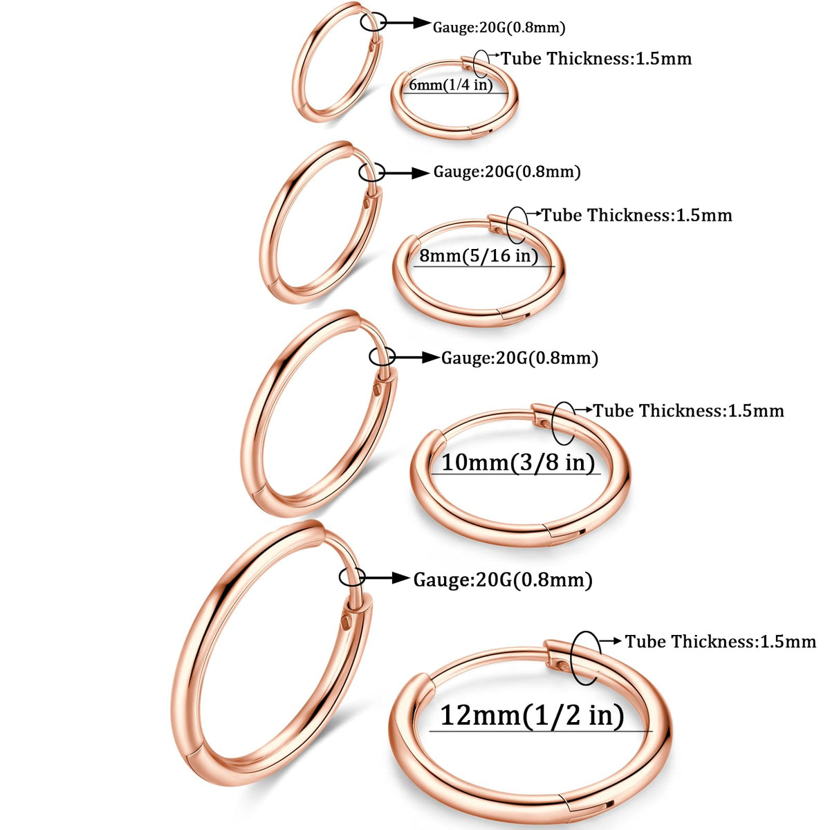 316L Surgical Stainless Steel Small Rose Gold Hoop Earrings 6mm 8mm 10mm 12mm Hypoallergenic Cartilage Hoop Earrings Helix Lobes Hinged Sleeper Earrings For Men Women