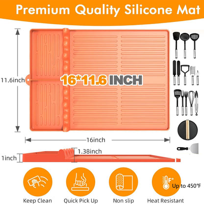 Silicone Griddle Tool Mat Compatible with Blackstone Weber - Flat Top Grill Pellet Smoker Side Shelf Spatula Mat with Drip Pad - Kitchen Cooking BBQ Grilling Accessories - Gift for Men(Orange)