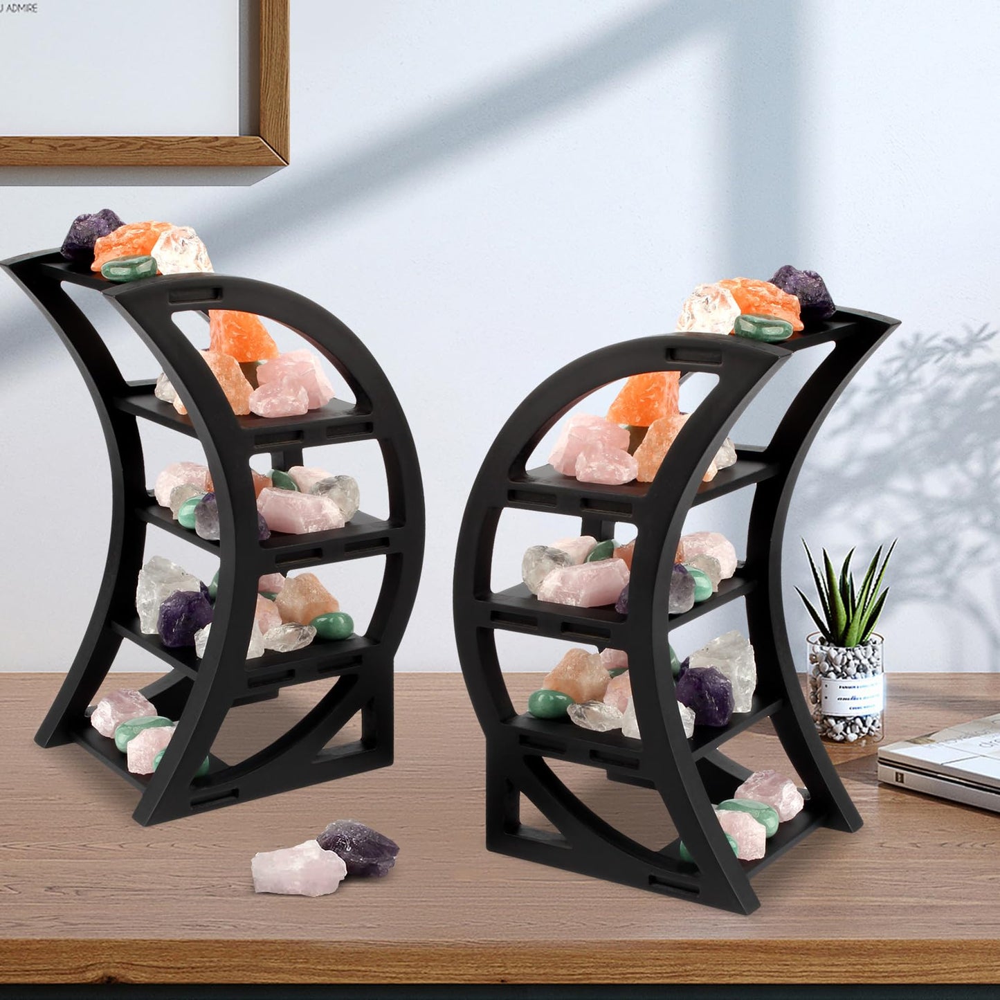 Kiusatig 2-Pack Wooden Crescent Moon Shelf Crystal Shelf Holder Display Moon Decor Shelves for Stones and Essential Oil Bedroom Living Room Bathroom