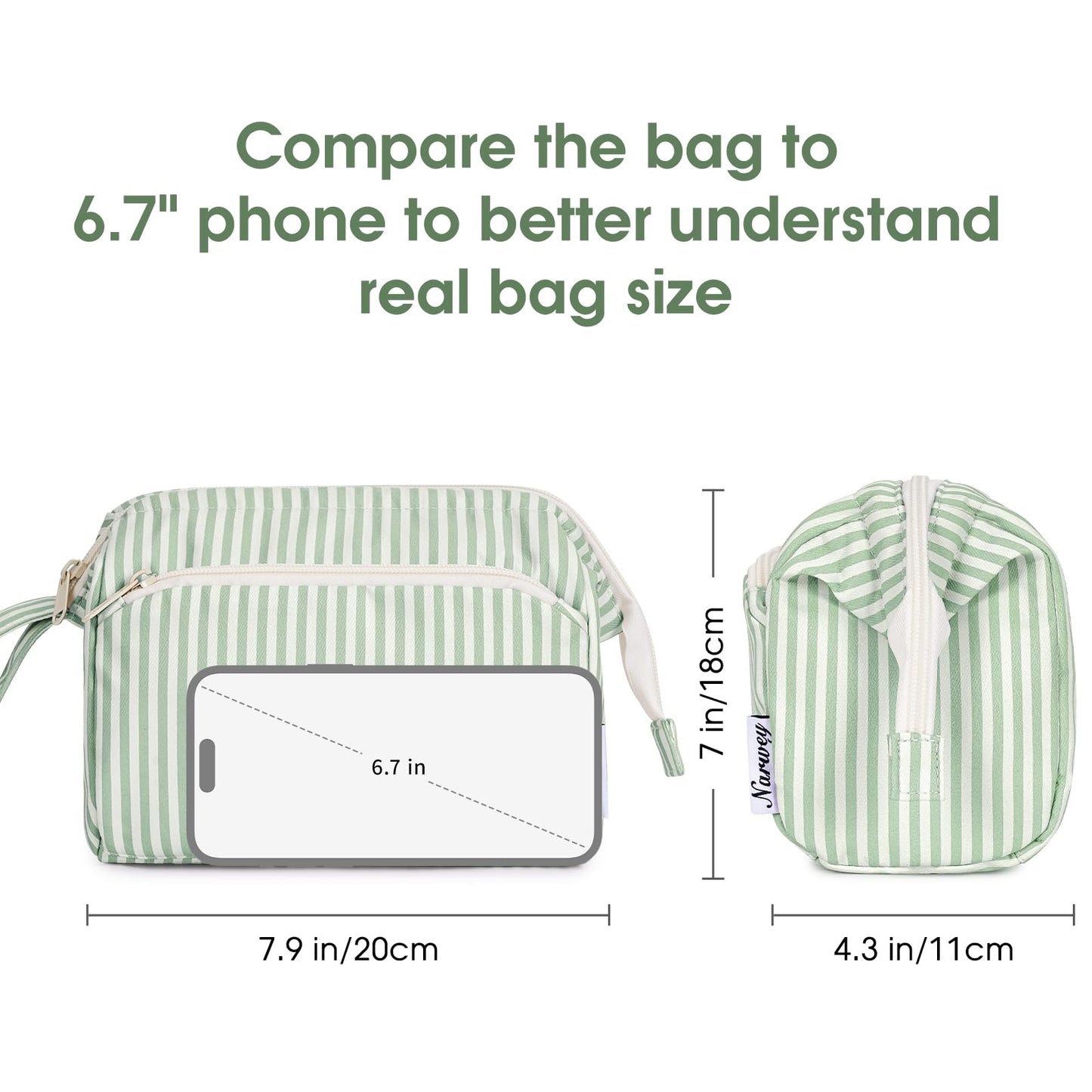 Narwey Large Makeup Bag Wide-Open Zipper Pouch Travel Wash Bag Toiletry Bag Cosmetic Organizer for Women (Mint Green Stripe)