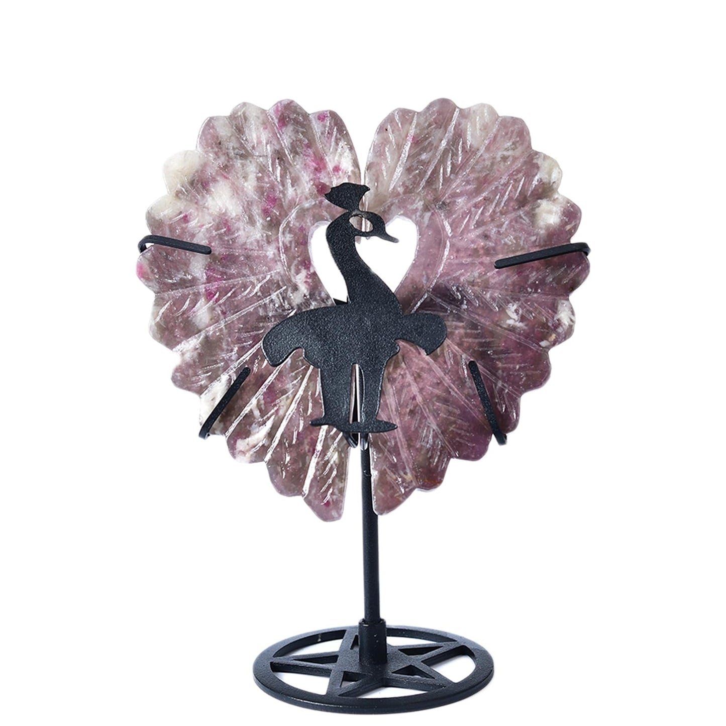 JIC Gem Extra Large Plum Blossom Tourmaline Heart Crystals Stones Healing Crystal Heart Stones Ornament Carved Angel Wing with Display Stand Home Decor Reiki Healing（1 Pair,15-16cm