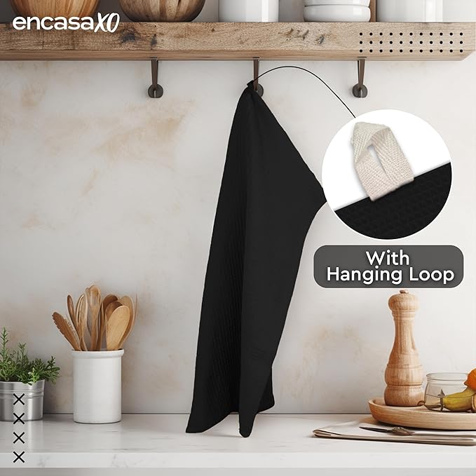 Encasa XO Kitchen Dish Towels Set | Black | Waffle Weave and Flat Hand Tea