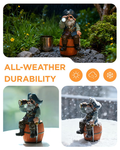 GaloTrek Solar Garden Gnome Statues Funny Resin Pirate Gnome Decorations Sitting on Wine Barrel Outdoor Figurines for Yard Patio Mom Gift