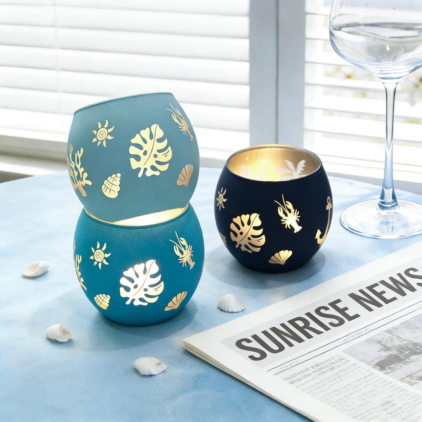 Coastal Ocean Glass Votive Candle Holders Set of 4, Laser Etched Nautical Tealight Holders with Anchor, Palm Tree & Sea Life Patterns, Summer Blue Glass Centerpiece for Home Spa Party Gift