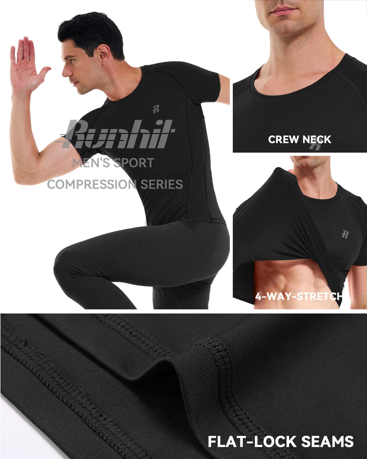 Runhit Mens Compression Shirt Short Sleeve Black Compression Shirt Men Quick Dry Cool T-Shirt Sports Workout Base Layer L