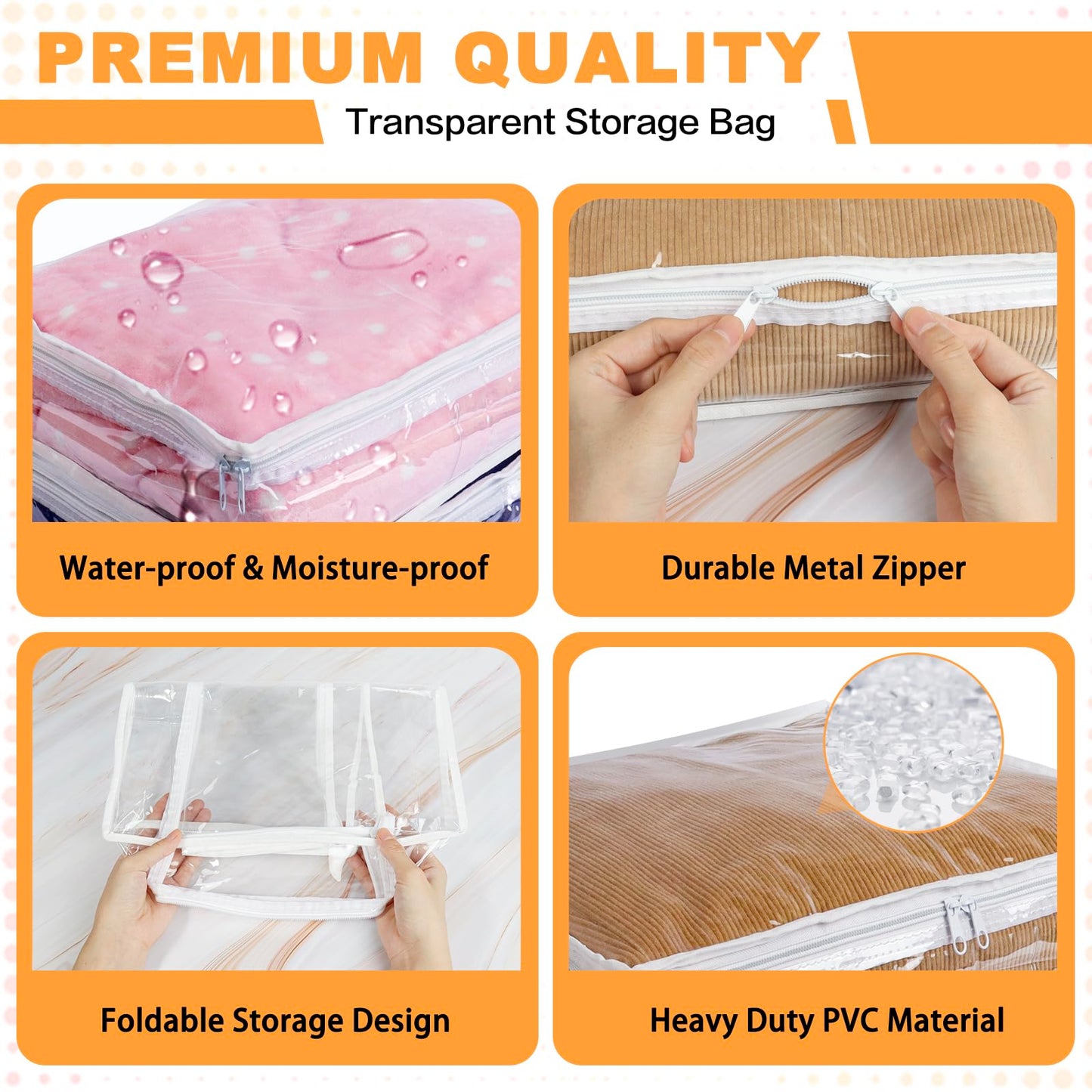 Heonay Clear Zippered Storage Bags Plastic Sweater Storage Bags with Zipper 6 Packs Clothing Organizer for Blankets Linen Sweater Bed Sheet Quilt Clothes Pillow (15.7 x 13.8 x 3.9 Inch, White)