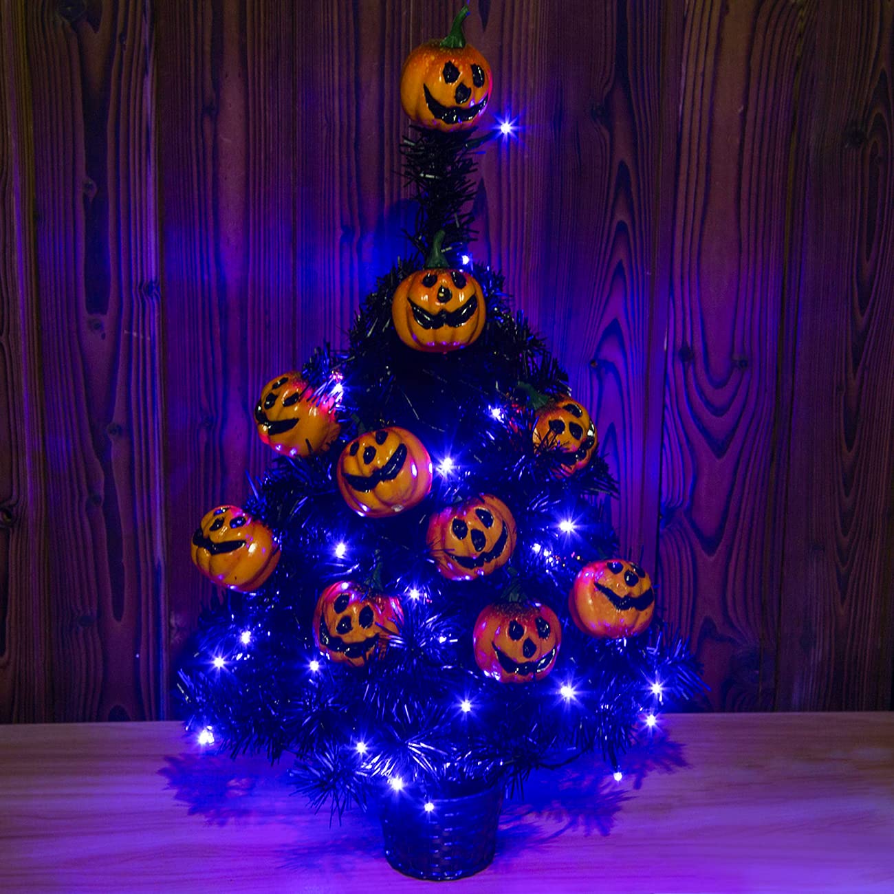 Sunnyglade 21.6” 30 LED Halloween Black Spooky Tree Glittered with Purple Lights & 12 Pumpkin Decorations,Battery Powered for Halloween Indoor Tabletop Decoration