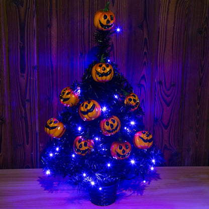 Sunnyglade 21.6” 30 LED Halloween Black Spooky Tree Glittered with Purple Lights & 12 Pumpkin Decorations,Battery Powered for Halloween Indoor Tabletop Decoration