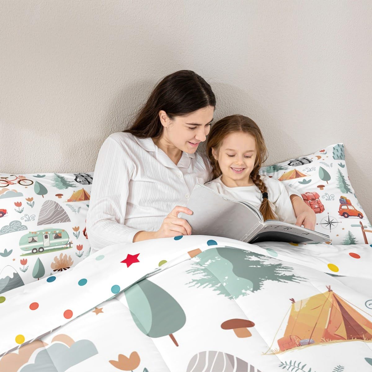 Kids Camper Theme Comforter Set Full 3Pcs, Happy Camping Bedding for Toddler, Travel Car Rv Accessories Down Comforter, Botanical Flowers Mountain Adventure Quilt, Cute Camper Duvet Set Room Decor