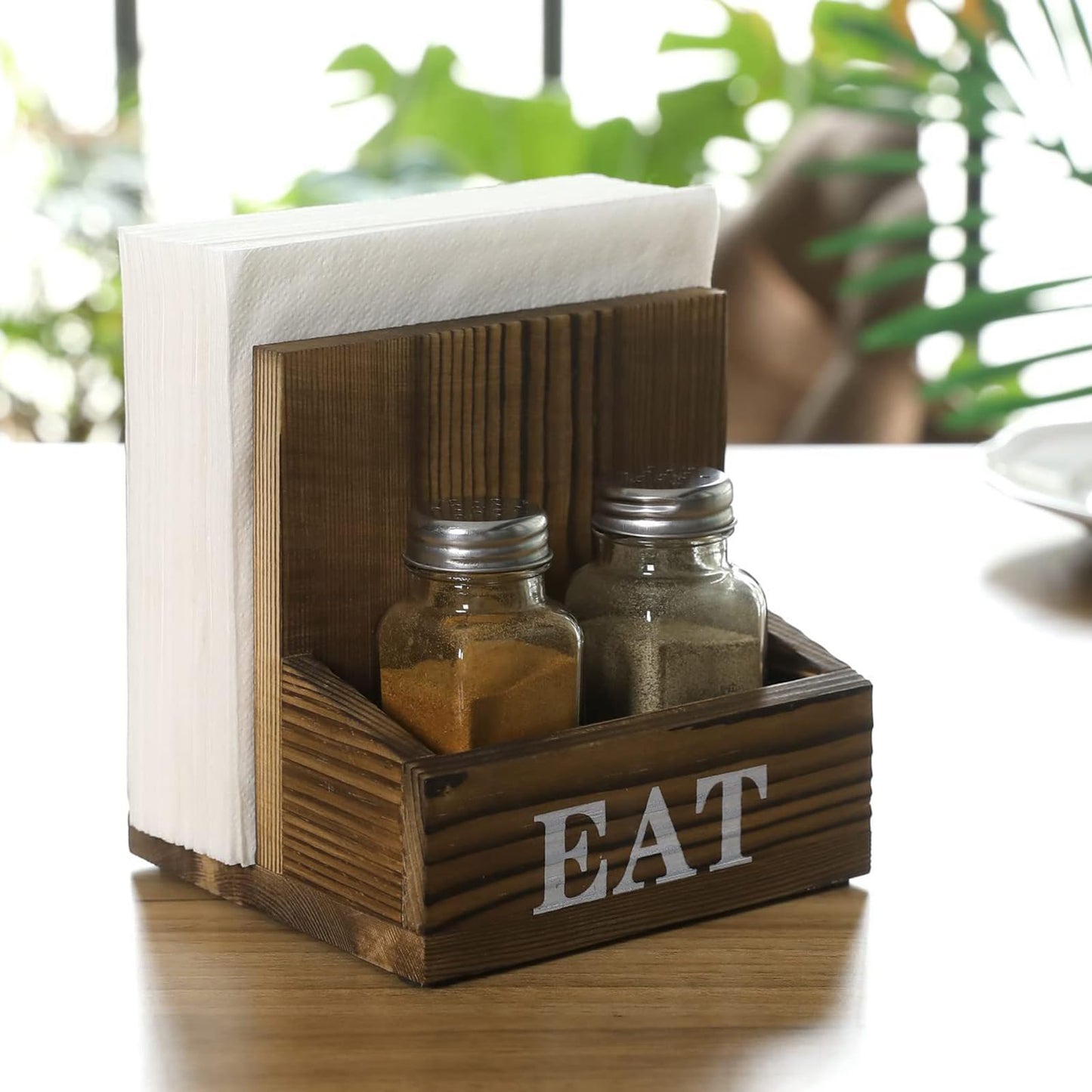 Napkin Holder with Salt and Pepper Shakers Holder for Home Kitchen Table Centerpiece and Commercial Decor, Rustic Solid Burnt Wood & Bold White Printed EAT Design