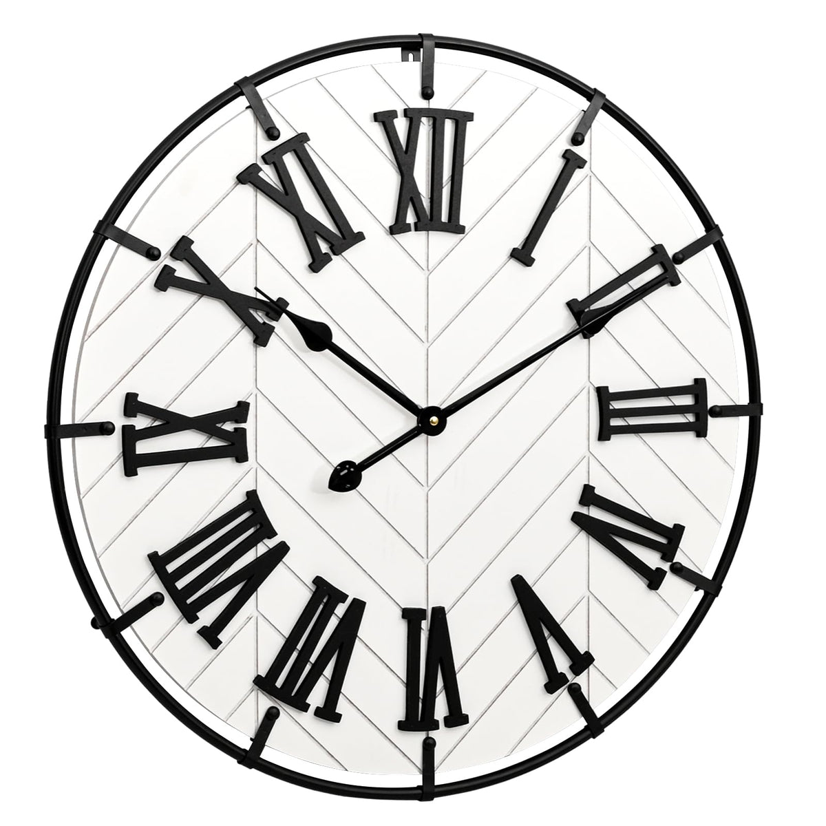 EMAX HOME 24 Inch Large Wooden Wall Clock – Extra Large Farmhouse Wall Clock with 3D Roman Numerals, Modern White Round Wood & Metal Clock for Living Room, Silent & Accurate Timekeeping