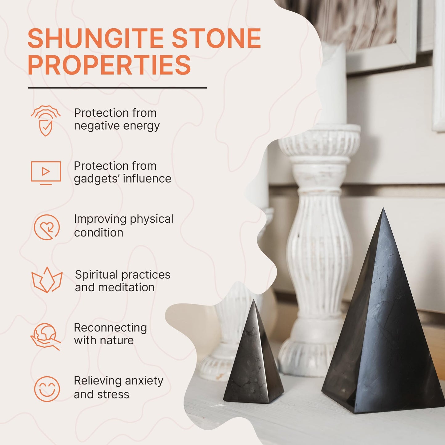 Authentic Shungite Pyramid Polished 8"(20cm), Premium Protection Crystals for House & Office, Karelian Black Stone Energy Pyramid for Root Chakra Meditation, Grounding & Negative Energy Blocker
