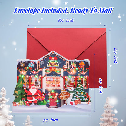 MZD8391 3D Pop Up Christmas Cards with Music and Lights, Animated Christmas Gift Card, Playing 3 Songs with 3 Matching Lights Blinking Modes (Envelope Included)