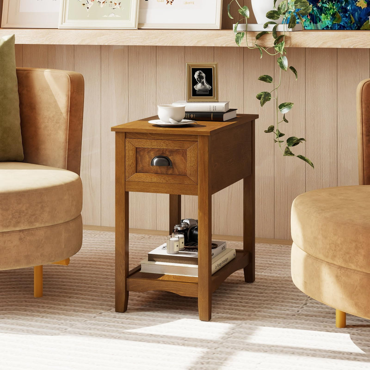 Giantex End Table with Drawer, Retro Narrow Side Table, Nightstand with Solid Wood & Storage Shelf, Bedside Table for Living Room Bedroom Small Space Home Office (1, Tawny)