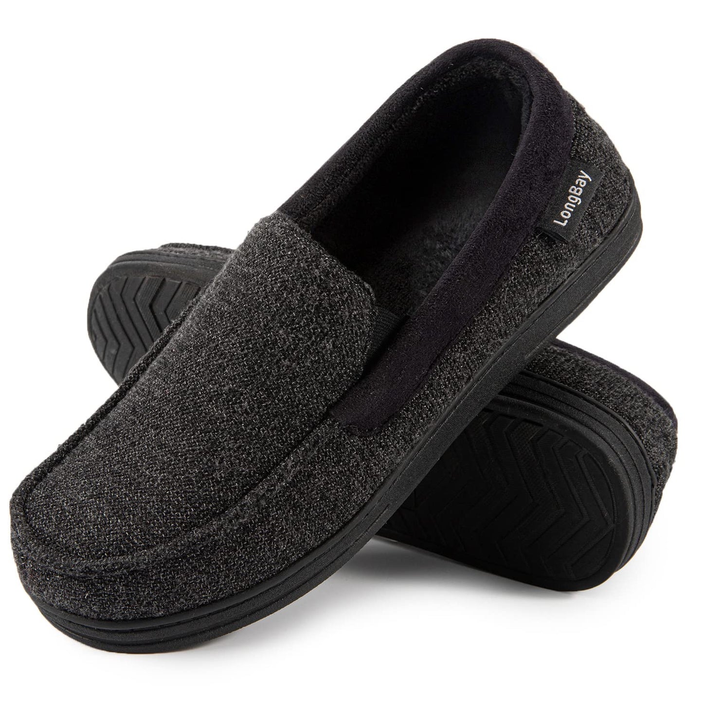 LongBay Mens Memory Foam Moccasin Slippers Plush Fleece House Slipper in Indoor Outdoor Shoes, Black 1, 10 UK