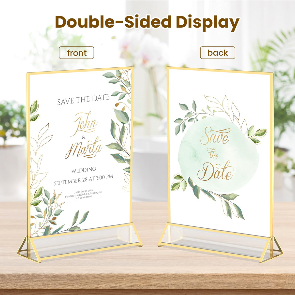 YOAEAILY Gold Frames 5X7 Acrylic Sign Holder Double-Sided Tabletop Picture Frames for Menu Holder Wedding Table Number Holder Christmas Photo Frames with Removable Sticky Dots-3 Pack