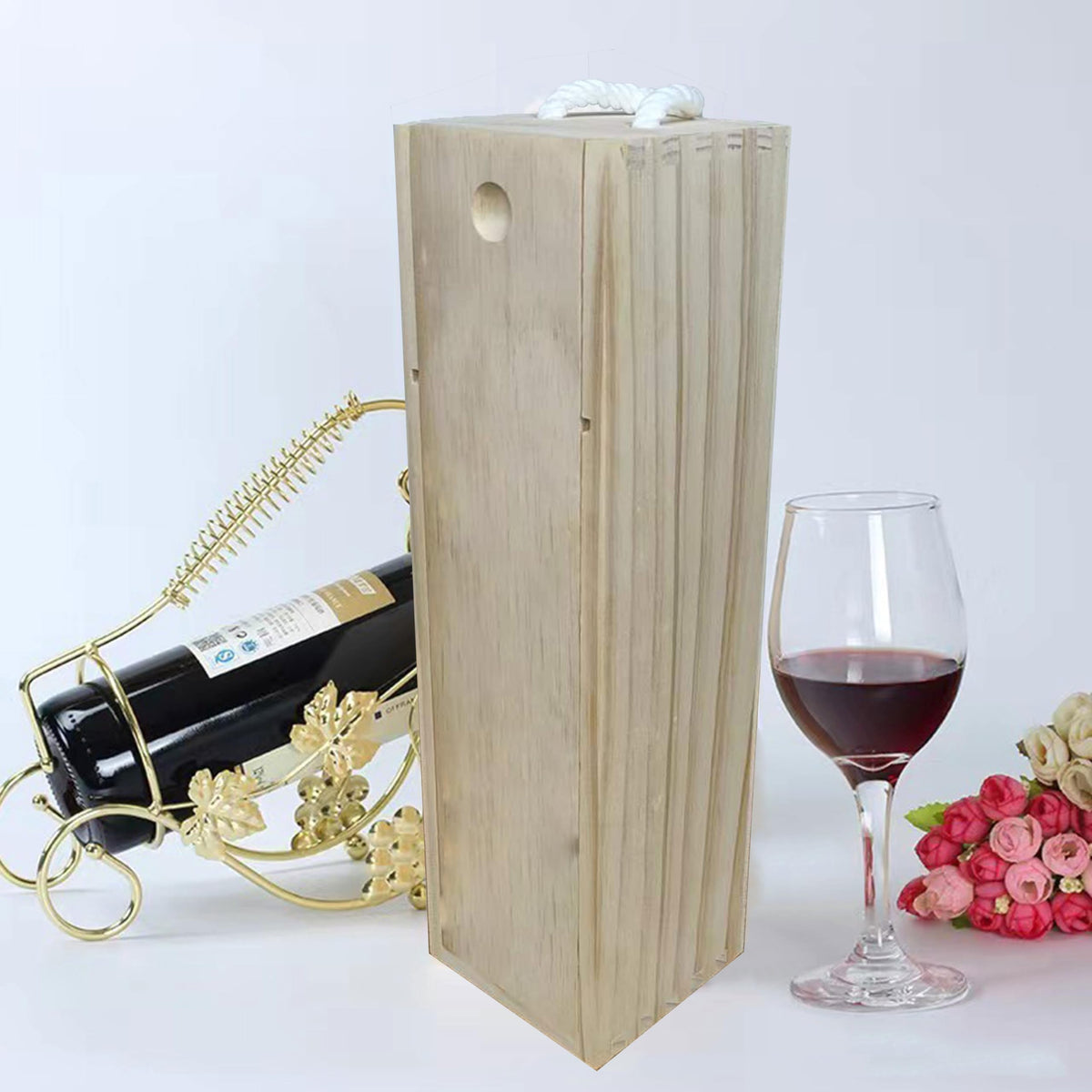 ARTAWEIN Premium DIY Wooden Wine Box - Ideal for 750ml Storage & Shipping with Single Bottle Holder and Rope Carry Handle for Birthday Party, Housewarming, Wedding, Anniversary (3 pack)
