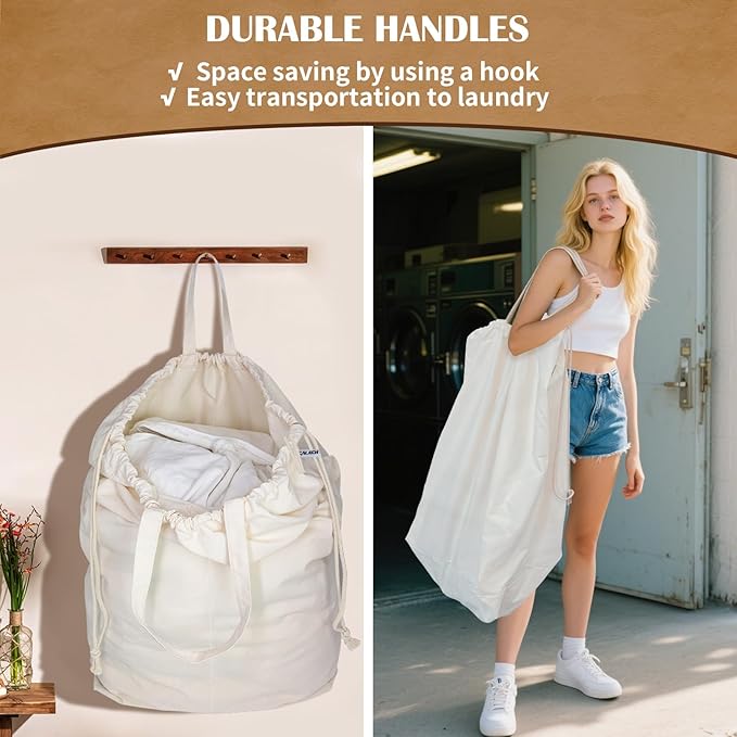 Canvas Laundry Bags with Handles & Rectangular Base, 90L Extra Large Heavy Duty