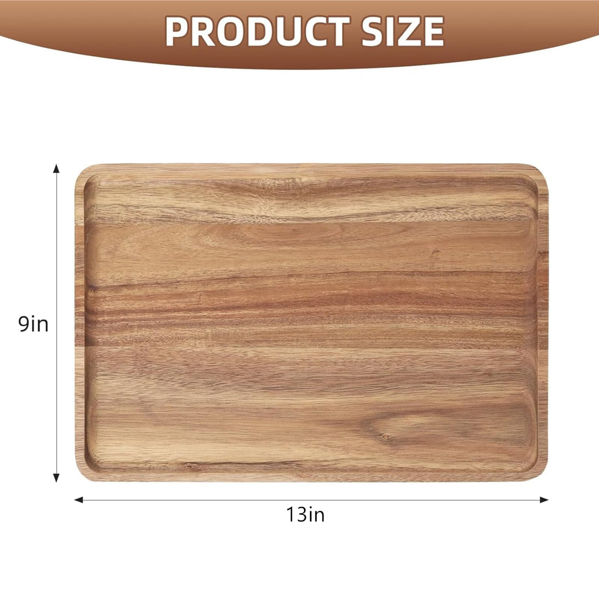 2 PCS Solid Acacia Wood Serving Trays 13 * 9 inch Rectangular Wooden Serving Platters Natural Wooden Boards for Bar Coffee Party（Wood Log Color）