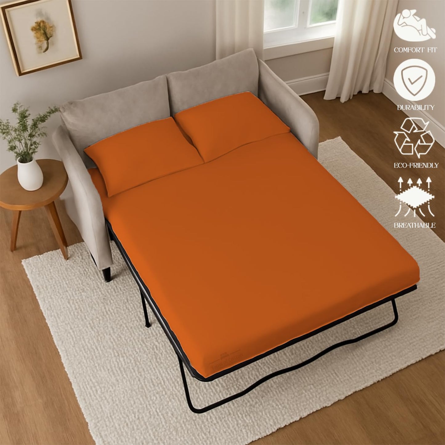 Sleeper Sofa Bed Sheet, 100% Cotton 400 Thread Count, 4 Piece Set, Deep Pocket Fitted Sheet, Soft Wrinkle Free & Breathable, Luxury Hotel Quality, Fits Up to 6 Inch Mattress (Full, Orange)
